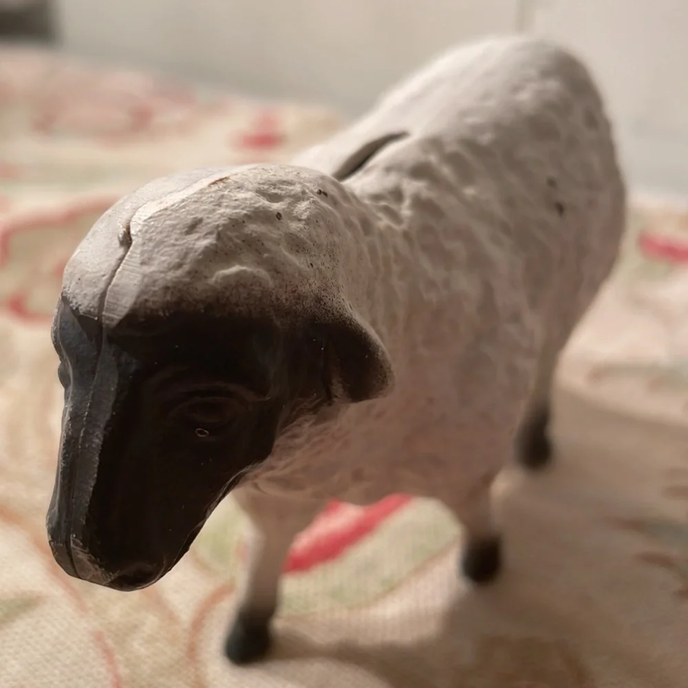 Vintage John Wright White Black Cast Iron Still Penny Lamb or Sheep Stand Bank - Picture 11 of 12